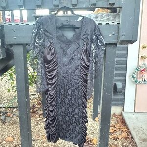 Vintage Mayvens of California Black Lace Ruched Cocktail Dress Sequin Sleeves